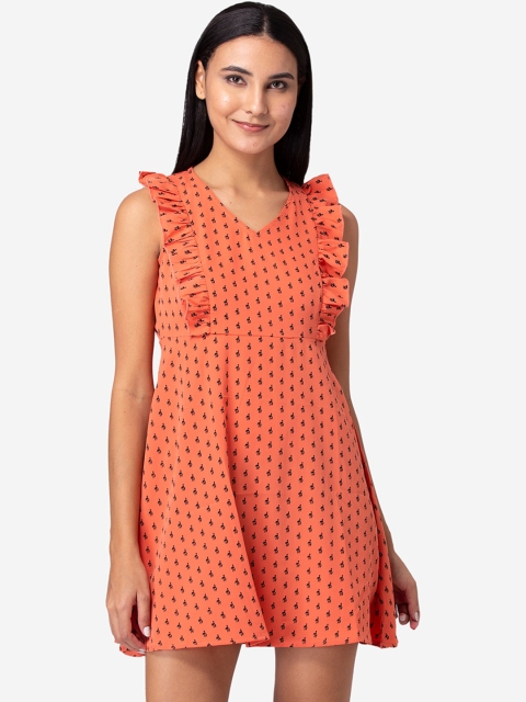 

Modriba Orange & Black Conversational Printed Frilly Dress