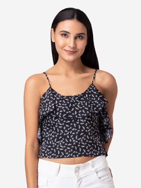 

Modriba Black Crepe Crop Frilly Strap Top