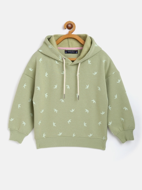 

White Snow Girls Green Bird Print Hooded Sweatshirt