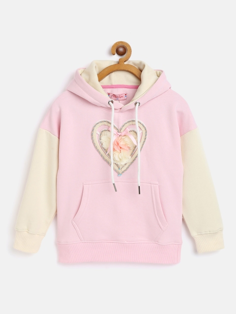 

White Snow Girls Peach-Coloured & Cream-Coloured Floral Applique Hooded Sweatshirt