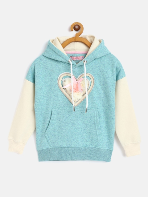 

White Snow Girls Green & Cream Hooded Sweatshirt with Flower Applique Detail
