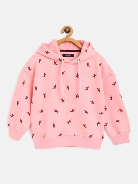 

White Snow Girls Pink Bird Print Hooded Sweatshirt