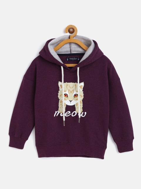 

White Snow Girls Purple & Beige Cat Print Hooded Sweatshirt