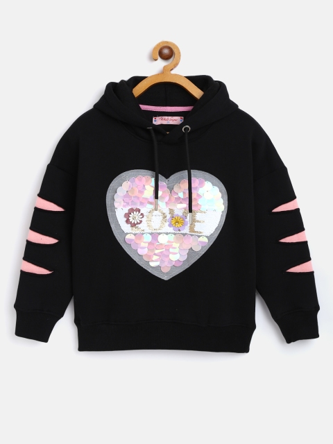 

White Snow Girls Black & Pink Sequinned Applique Hooded Sweatshirt