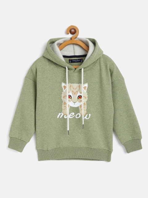 

White Snow Girls Green & White Graphic Printed Hooded Sweatshirt