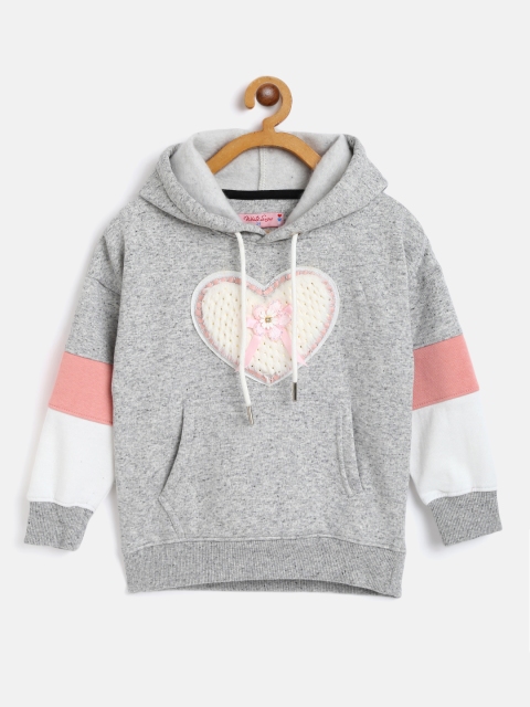 

White Snow Girls Grey Melange & White Solid Heart Applique Detail Hooded Sweatshirt