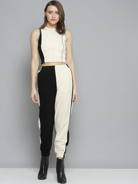 

VividArtsy Women Beige & Black Colourblocked Top with Joggers