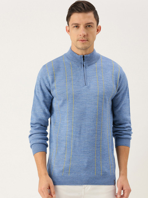 

Peter England Men Light Blue Striped Mock-Collar Pullover Sweater