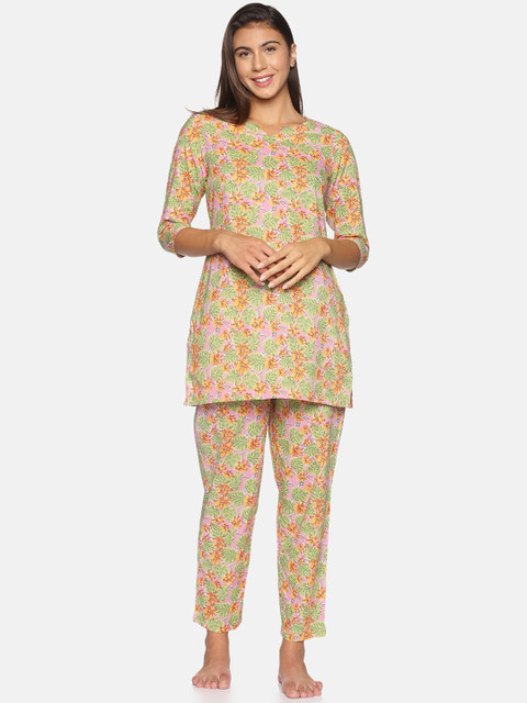 

Palakh Women Pink & Green Printed Pure Cotton Night suit