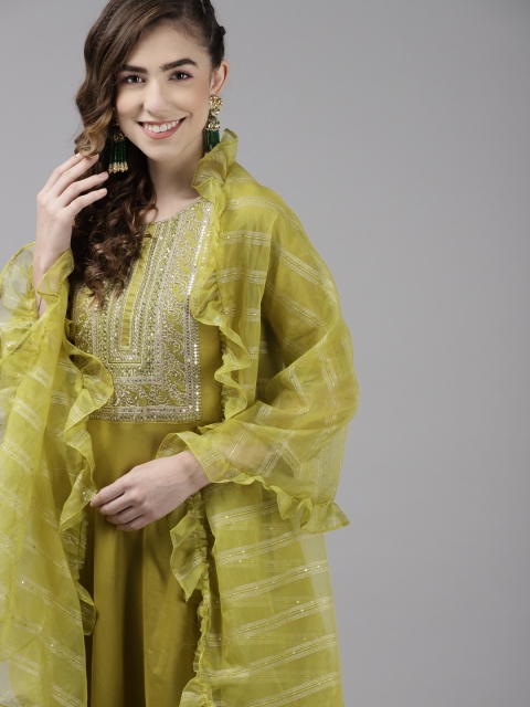 

Indo Era Women Olive Green Yoke Design Liva Kurta With Dupatta