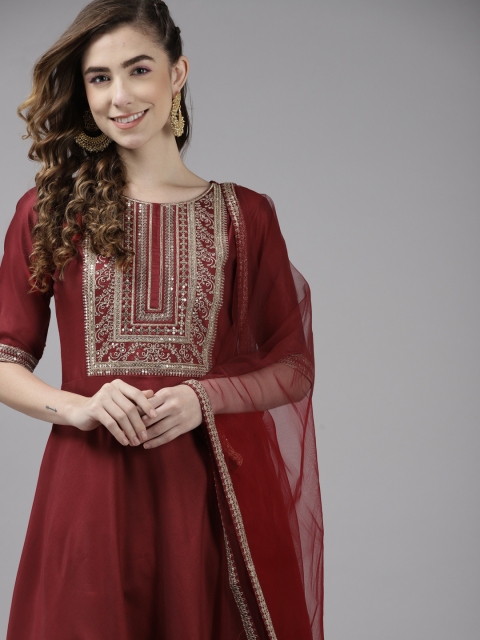 

Indo Era Women Maroon Yoke Design Liva Kurta With Dupatta