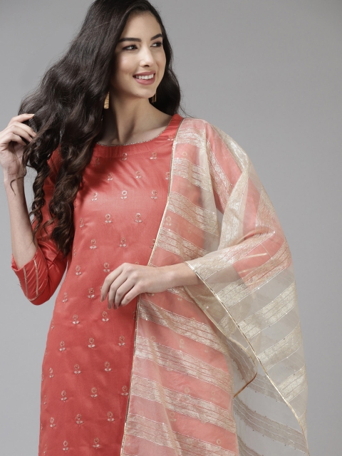 

Indo Era Women Peach-Coloured Floral Embroidered Sequinned Liva Kurta with Trousers & With Dupatta