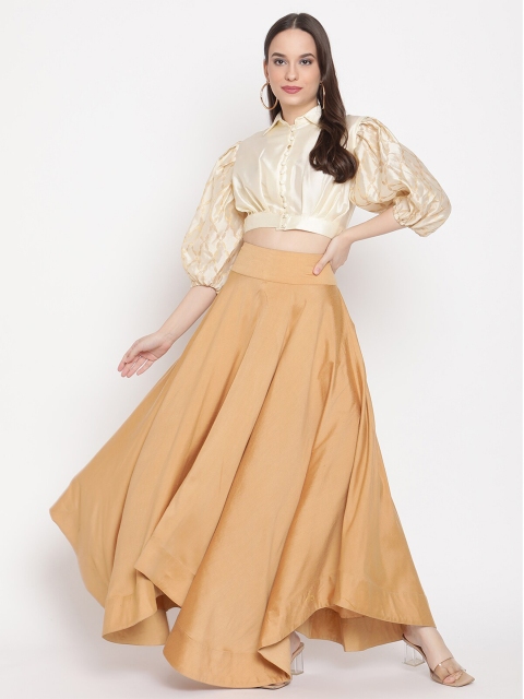 

Abhishti Cream-Coloured & Golden Solid Banarasi Shirt Style Crop Top