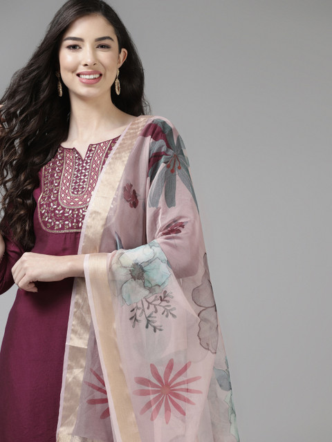 

Indo Era Women Burgundy & Golden Yoke Embroidered Sequinned Kurta with Trousers & Dupatta