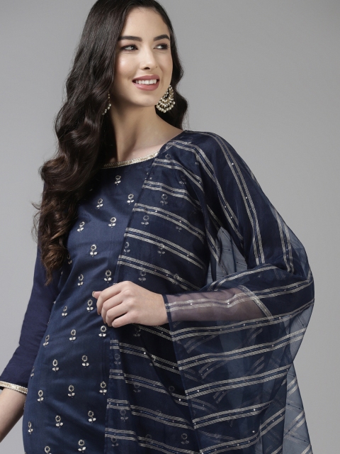 

Indo Era Women Navy Blue Woven design Kurta with Trousers & With Dupatta