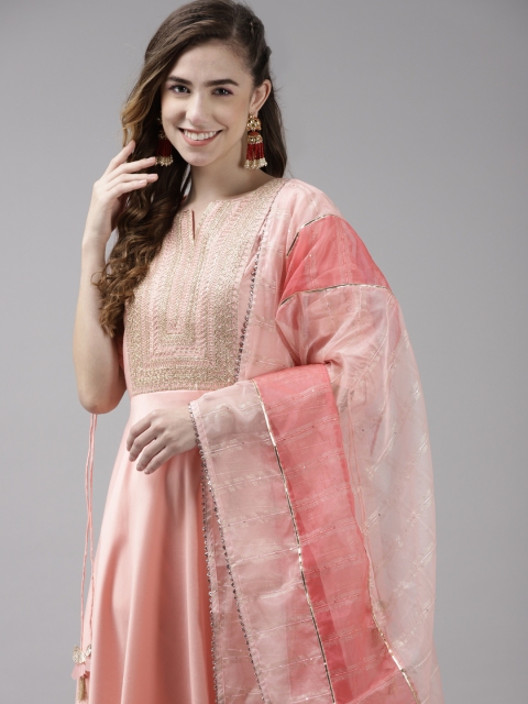 

Indo Era Women Pink Yoke Design Panelled Sequinned Liva Kurta with Trousers & Dupatta