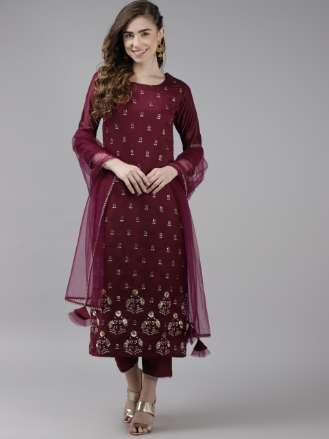 

Indo Era Women Burgundy Ethnic Motifs Printed Kurta with Trousers & With Dupatta