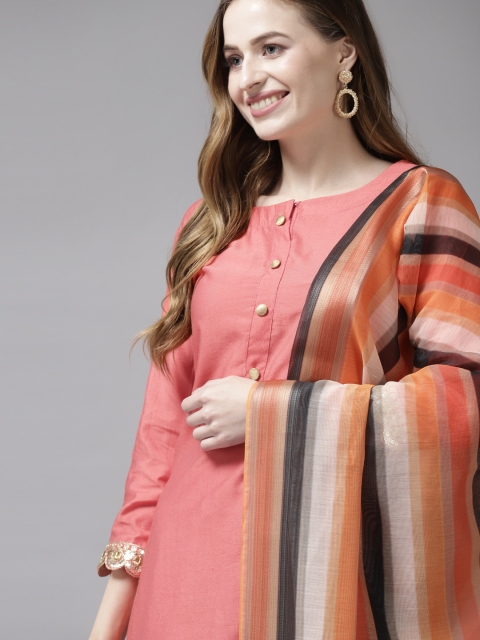 

Indo Era Women Pink Printed Sequinned Pure Cotton Kurta with Palazzos & With Dupatta