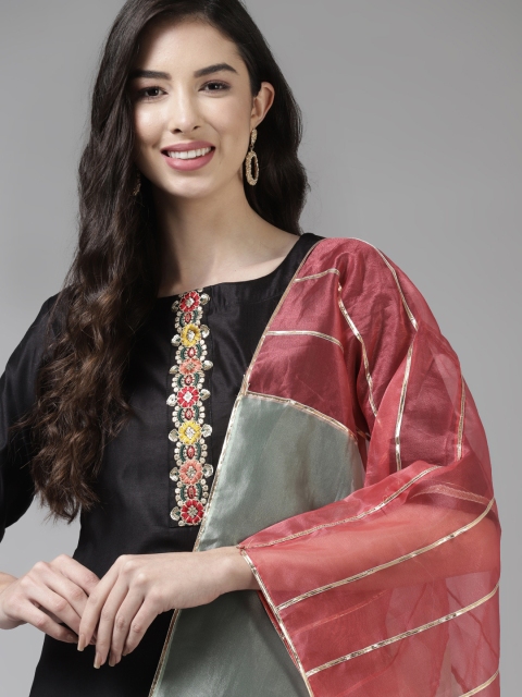

Indo Era Women Black & Pink Floral Embroidered Kurta with Palazzos & With Dupatta