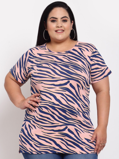 

plusS Women Peach Striped Plus Size T-shirt