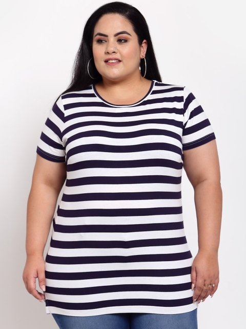 

plusS Women Navy Blue & White Striped Longline T-shirt