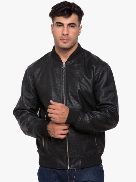 

Justanned Men Black Leather Outdoor Bomber Jacket