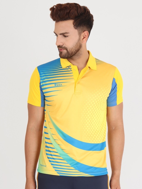 

VEGA Men Yellow & Blue Printed Polo Collar Dri-FIT Slim Fit Outdoor T-shirt