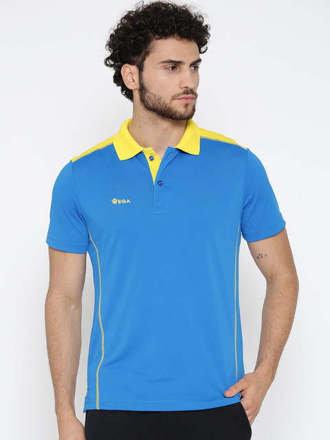

VEGA Men Blue & Yellow Colourblocked Polo Collar Dri-FIT Slim Fit Outdoor T-shirt