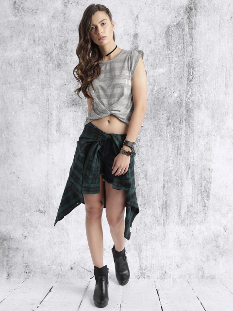 

Roadster Women Grey Striped Crop T-shirt
