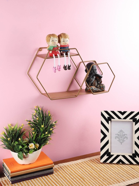 

Home Sparkle Gold-Toned Metal Twin Hexagon Basic Wall Shelf