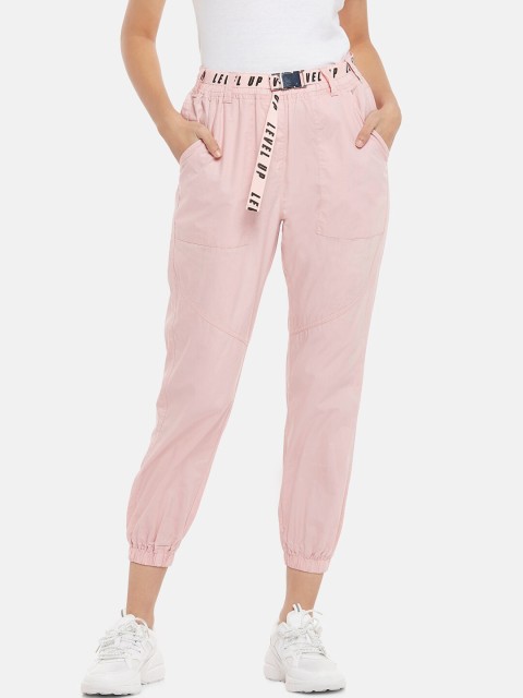 

People Women Pure Cotton Pink Joggers Trousers With Printed Belt