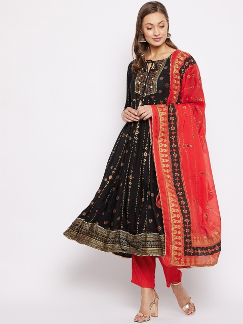 

Prakhya Women Black Ethnic Motifs Printed Regular Kurta with Trousers & Dupatta