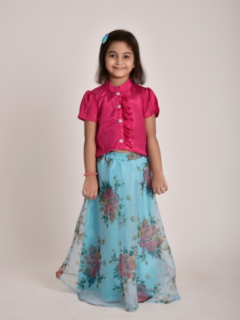 

CUTE LEMONS Girls Pink & Blue Shirt with Skirt
