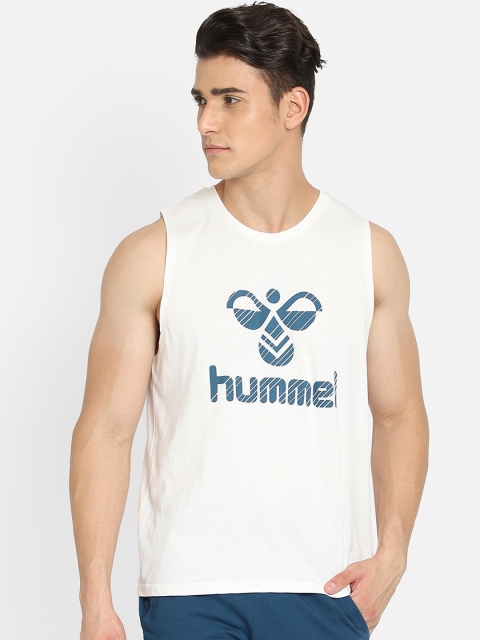 

hummel Men Off White & Blue brand Logo Printed Pure Cotton Tank Top Vest
