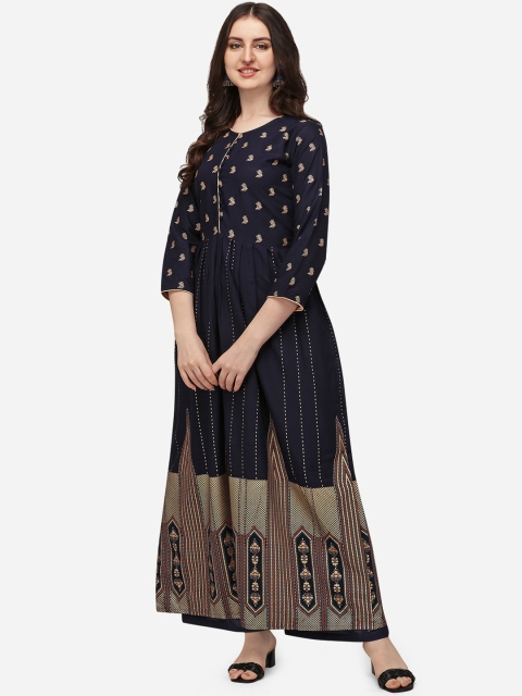 

Florence Navy Blue & Beige Ethnic Motifs Crepe Maxi Dress