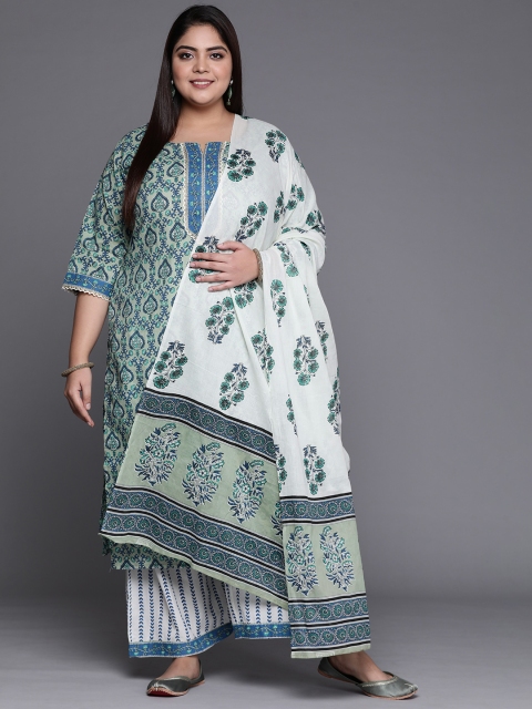 

EXTRA LOVE BY LIBAS Women Plus Size Blue & White Printed Regular Pure Cotton Kurta Set