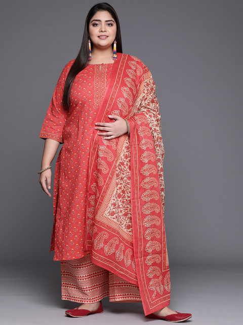 

EXTRA LOVE BY LIBAS Women Plus Size Coral Pink Floral Printed Pure Cotton Kurta Set