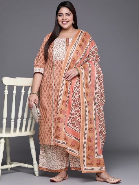 

EXTRA LOVE BY LIBAS Women Plus Size Brown & White Printed Pure Cotton Kurta Set