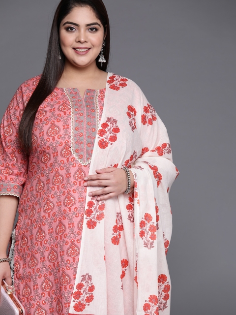 

EXTRA LOVE BY LIBAS Women Plus Size Peach-Coloured & White Printed Pure Cotton Kurta Set
