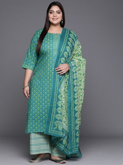

EXTRA LOVE BY LIBAS Women Plus Size Blue & Green Floral Printed Pure Cotton Kurta Set