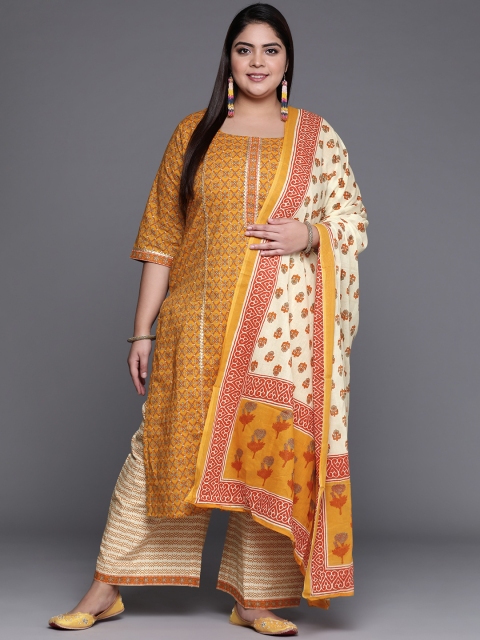

EXTRA LOVE BY LIBAS Women Plus Size Yellow & White Printed Pure Cotton Kurta Set
