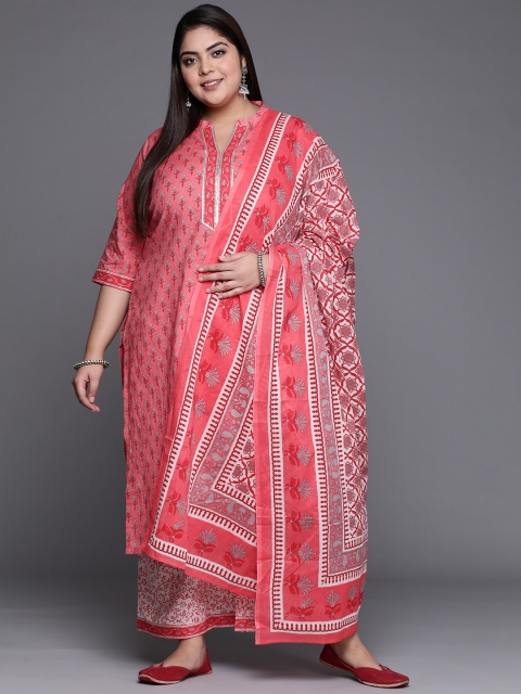 

EXTRA LOVE BY LIBAS Women Plus Size Pink & White Floral Printed Pure Cotton Kurta Set
