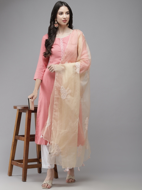 

ADA Beige Ethnic Motifs Embroidered Organza Dupatta with Thread Work