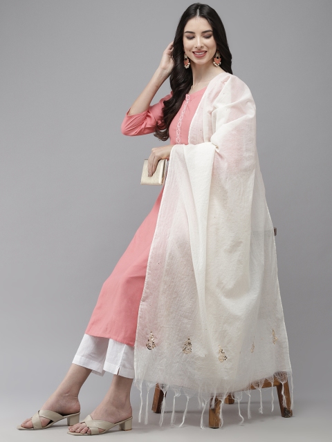 

ADA White Hand Embroidered White Chanderi Chikankari Art Silk Dupatta with Mukaish
