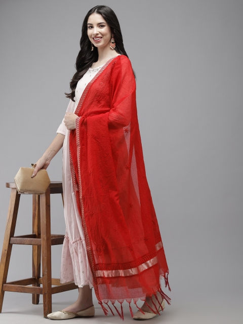 

ADA Red Hand Embroidered Red Kota Chikankari Dupatta with Thread Work