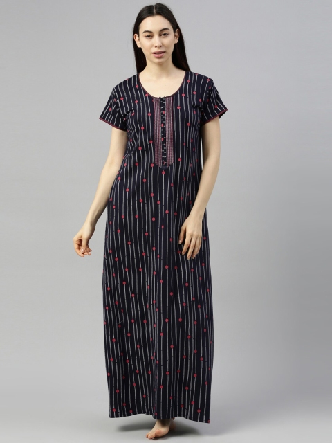 

GOLDSTROMS Navy Blue & Red Polka Dots Printed Maxi Nightdress