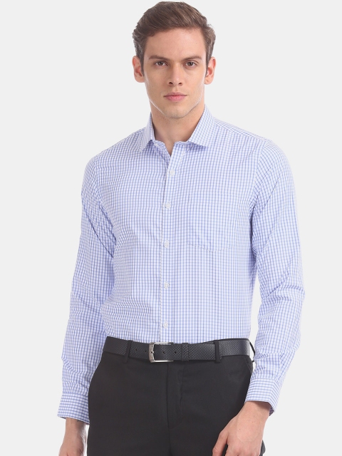 

Excalibur Men White & Blue Opaque Checked Cotton Blend Formal Shirt