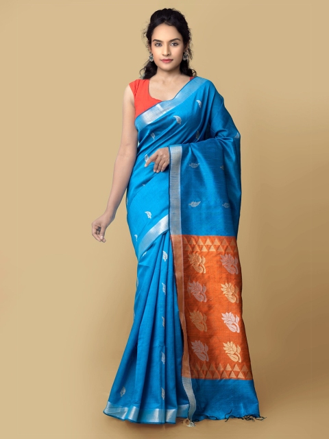 

Unnati Silks Blue & Orange Woven Design Zari Pure Linen Jamdani Saree