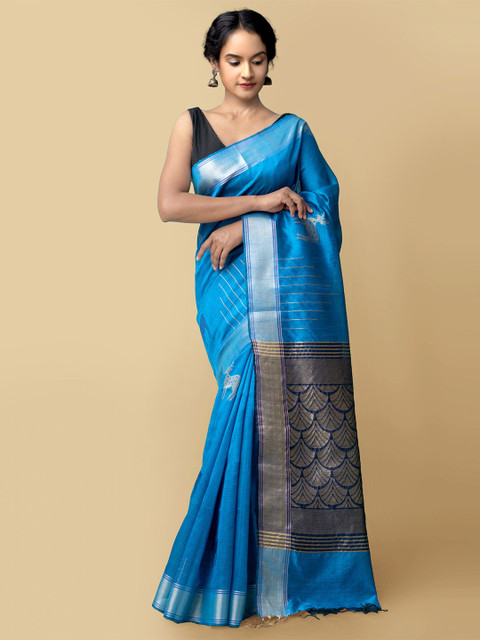 

Unnati Silks Blue & Gold-Toned Ethnic Motifs Pure Linen Jamdani Saree