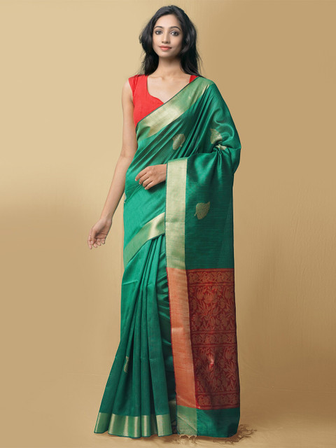

Unnati Silks Green & Red Woven Design Bengal Linen Saree